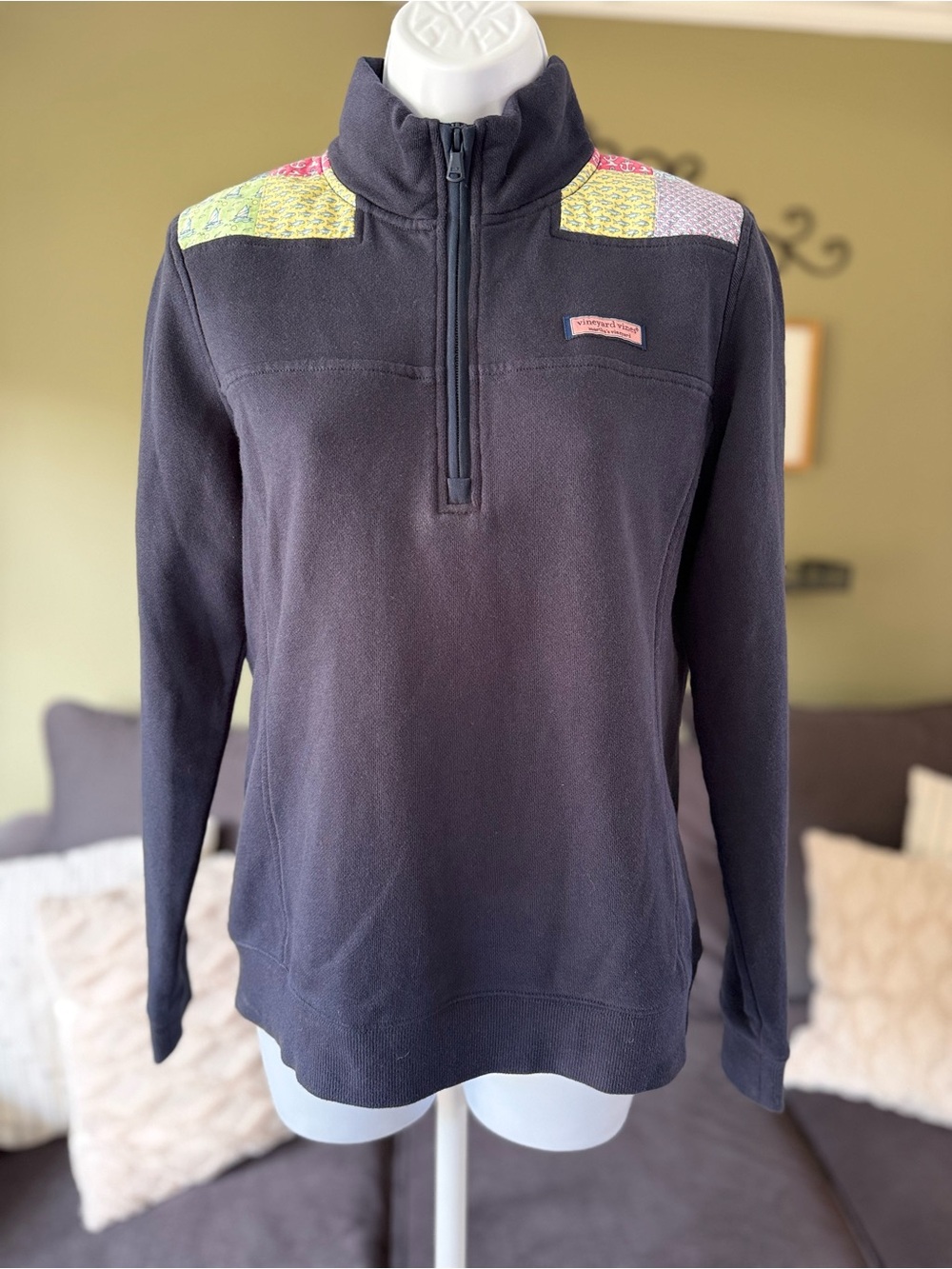 Vineyard Vines Navy Quarter-Zip with Multicolor Shoulder Accents